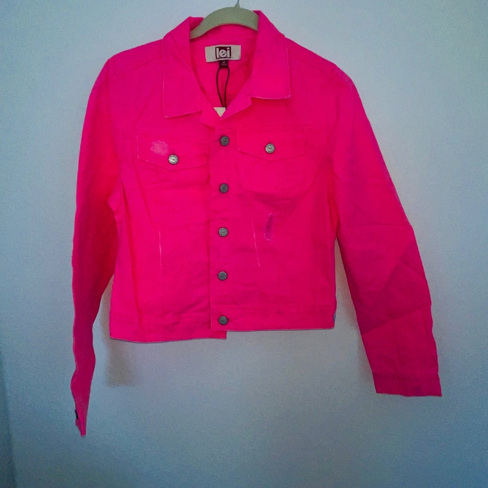 NWT l.e.i. Neon Hot Pink Distressed Denim Jacket Medium 100% Cotton Y2K Style